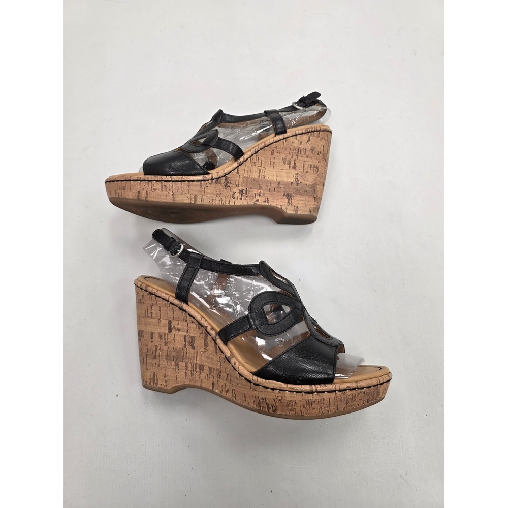 b.o.c. Born Concept Black Leather Cork Wedge Sandals C90503 Women Size 8M